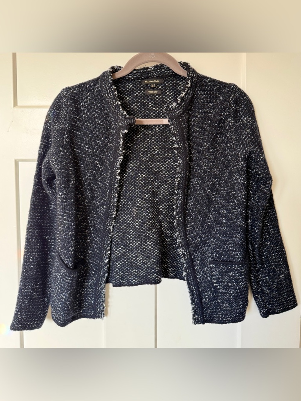 Massimo Dutti Navy white boucle Open cardigan Womens Sweater knit Jacket XS S
